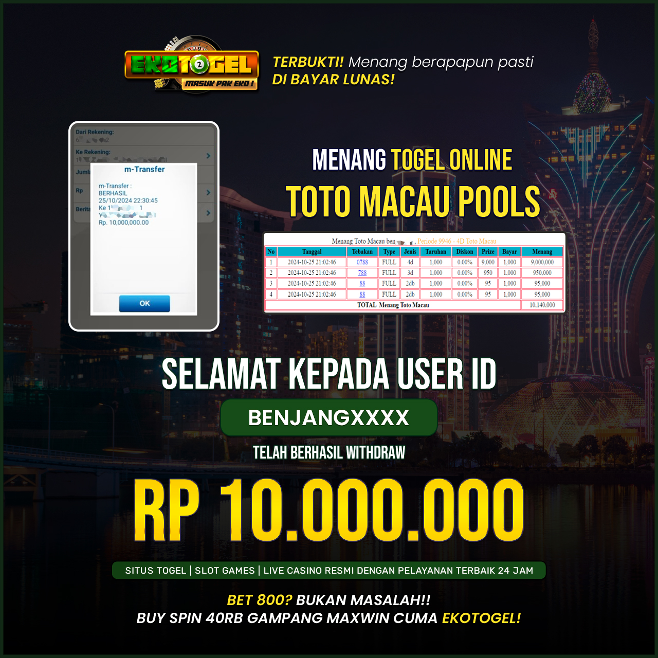 BUKTI JACKPOT TOTO MACAU POOLS EKOTOGEL