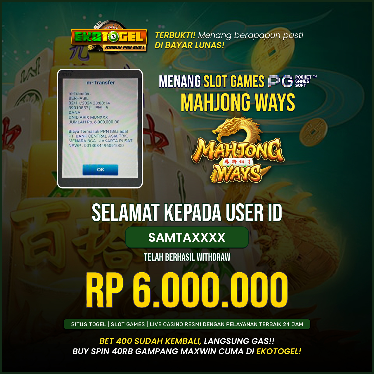 BUKTI JACKPOT MAHJONG WAYS EKOTOGEL