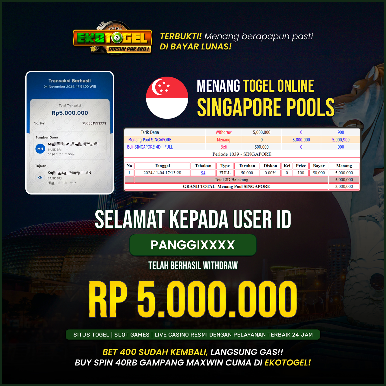 BUKTI JACKPOT SINGAPORE POOLS EKOTOGEL