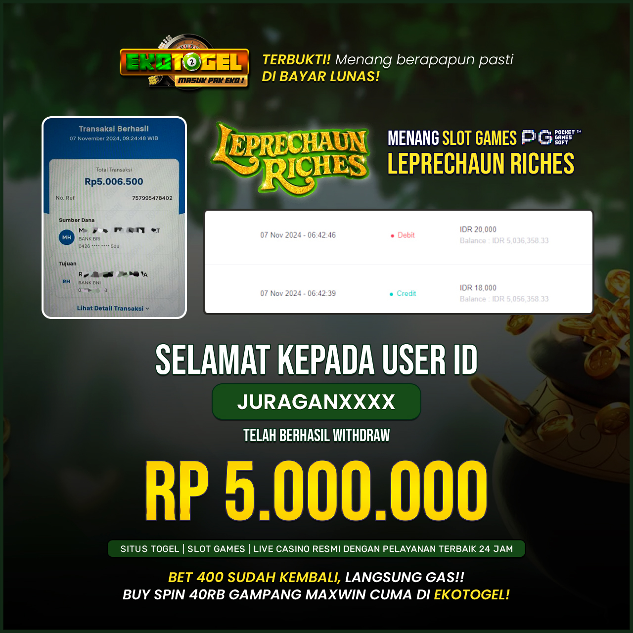 BUKTI JACKPOT LEPRECHAUN RICHES EKOTOGEL