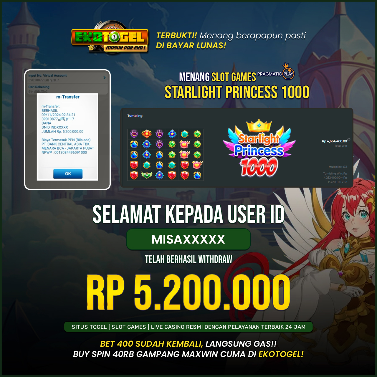 BUKTI JACKPOT STARLIGHT PRINCESS 1000 EKOTOGEL