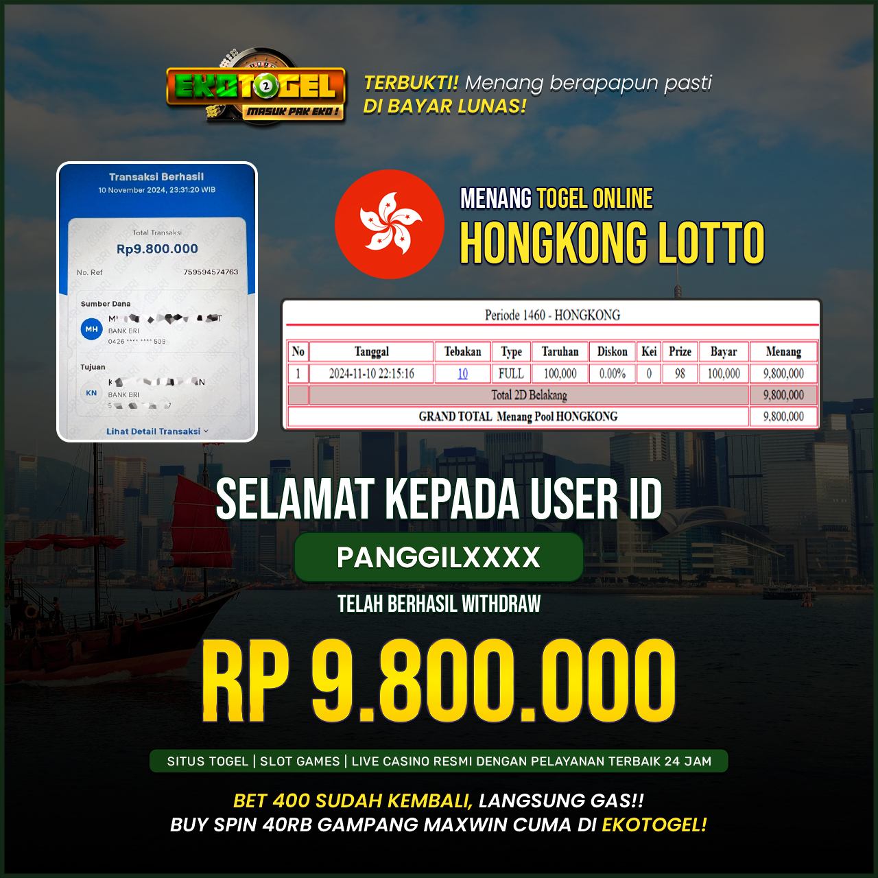 BUKTI JACKPOT HONGKONG LOTTO EKOTOGEL