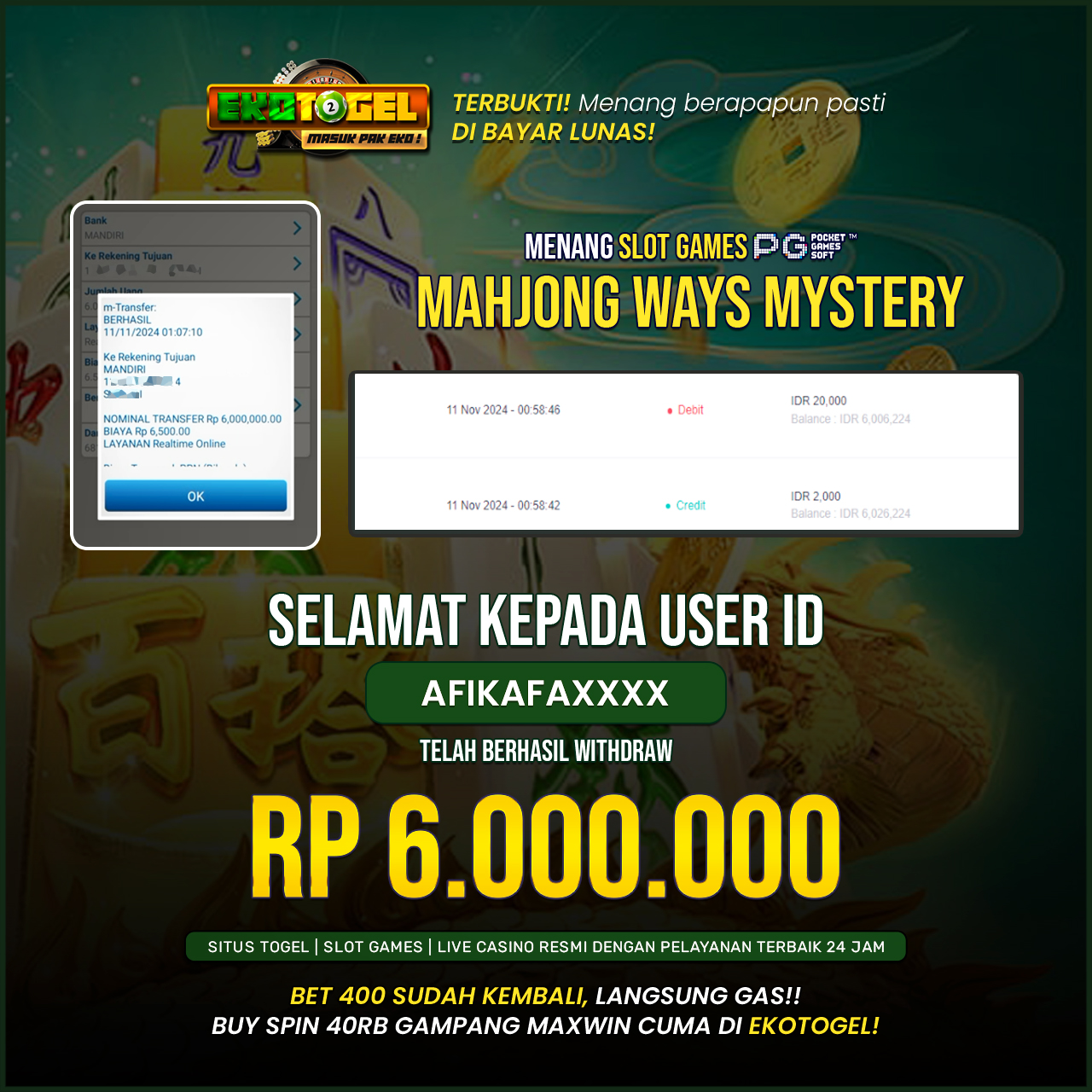 BUKTI JACKPOT MAHJONG WAYS MYSTERY EKOTOGEL