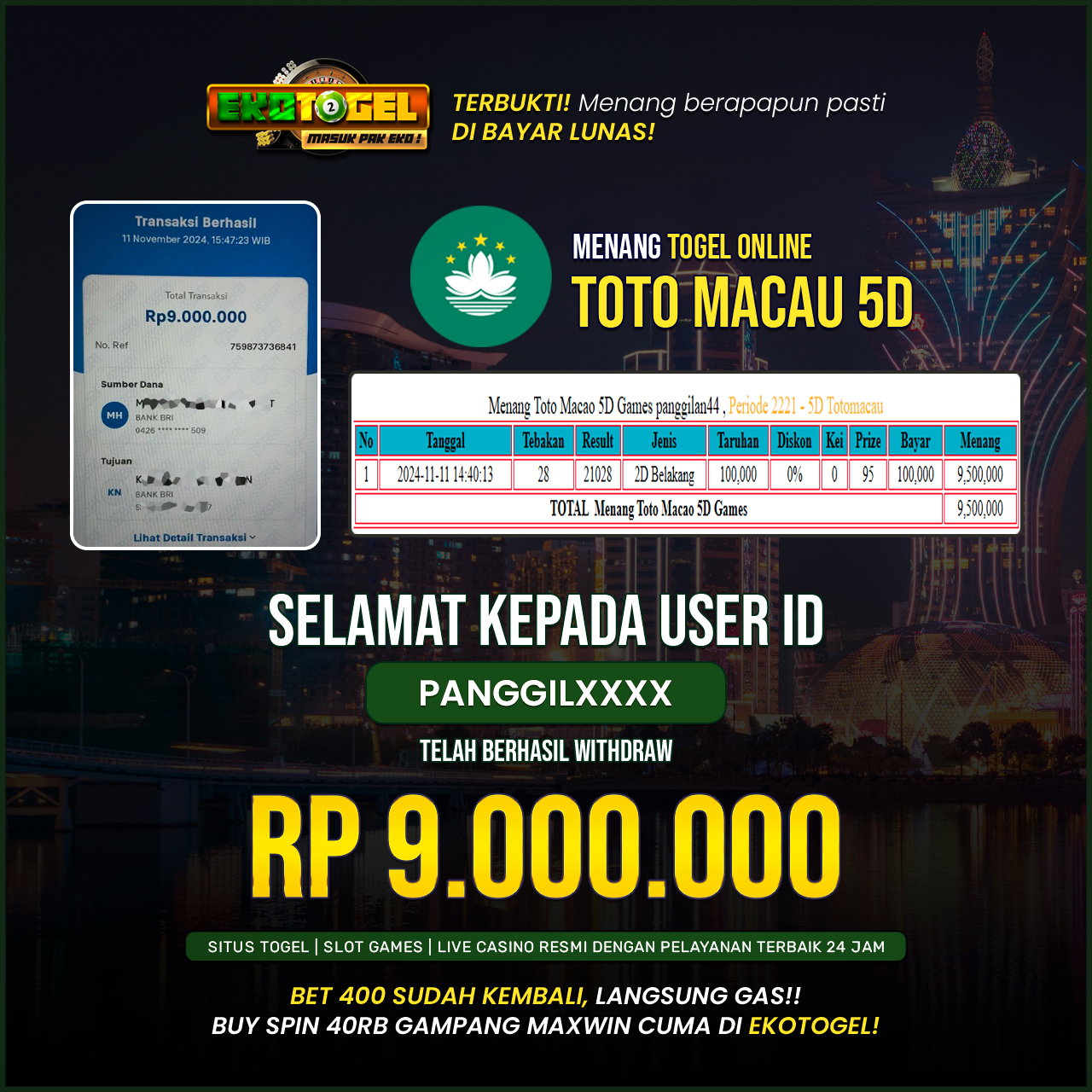 BUKTI JACKPOT TOTO MACAU 5D EKOTOGEL