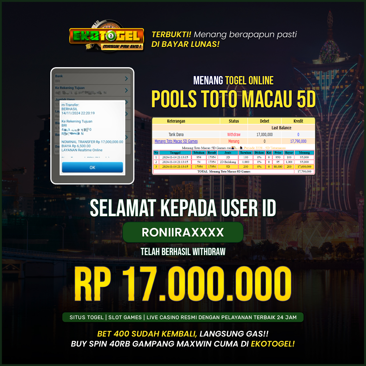 BUKTI JACKPOT TOTO MACAU 5D EKOTOGEL