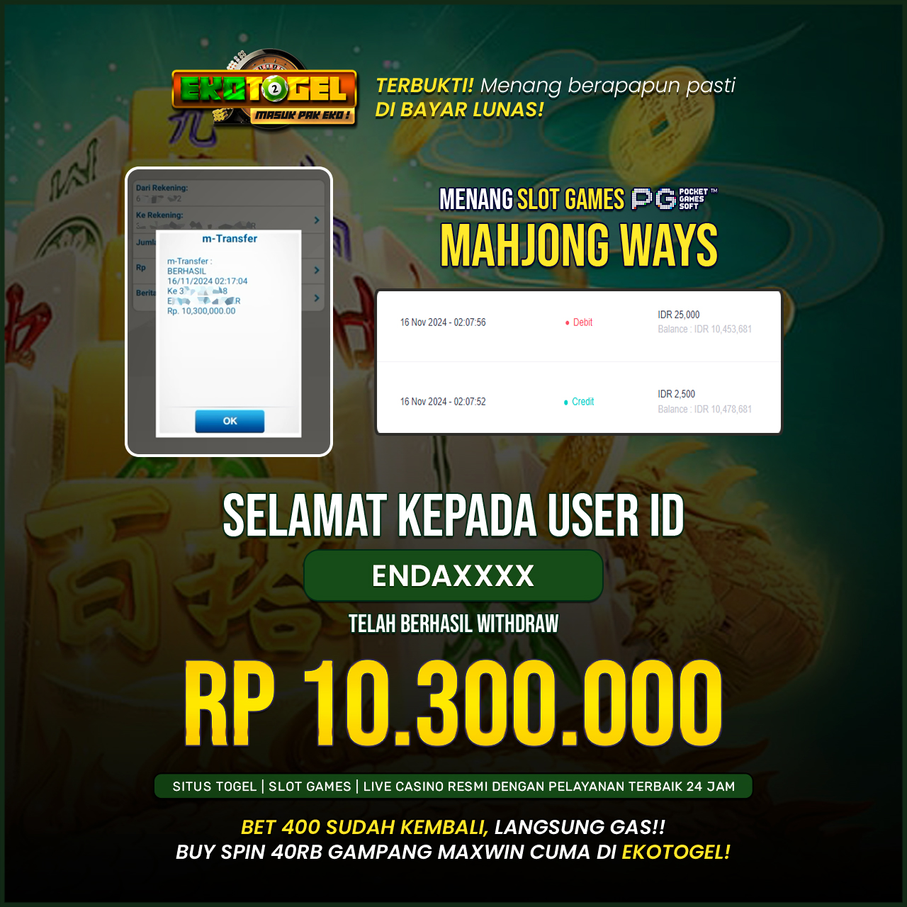 BUKTI JACKPOT MAHJONG WAYS EKOTOGEL