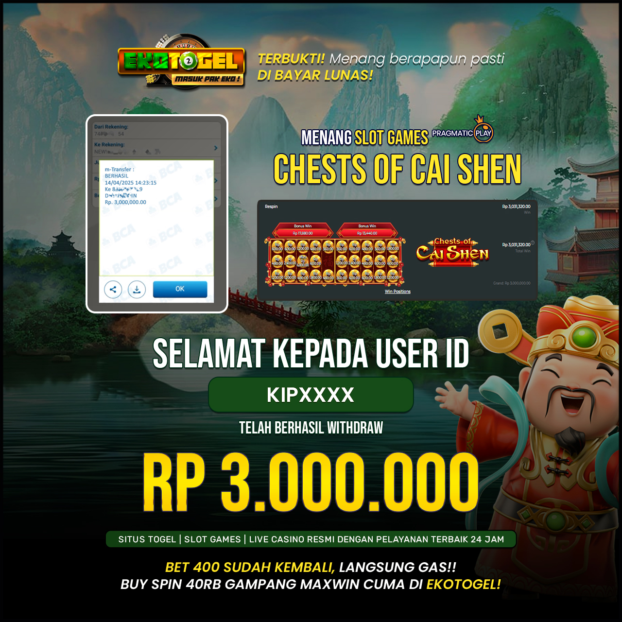 BUKTI JACKPOT CHEST OF CAI SHEN ( PRAGMATIC ) EKOTOGEL