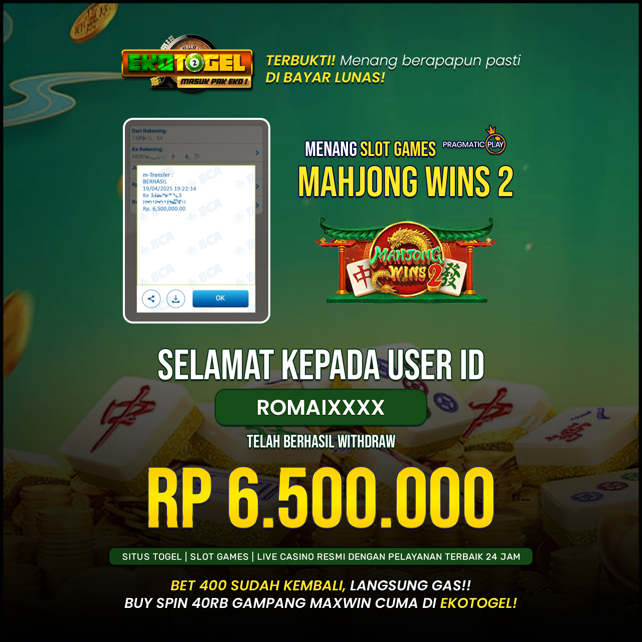 BUKTI JACKPOT MAHJONG WINS 2 ( PRAGMATIC ) EKOTOGEL