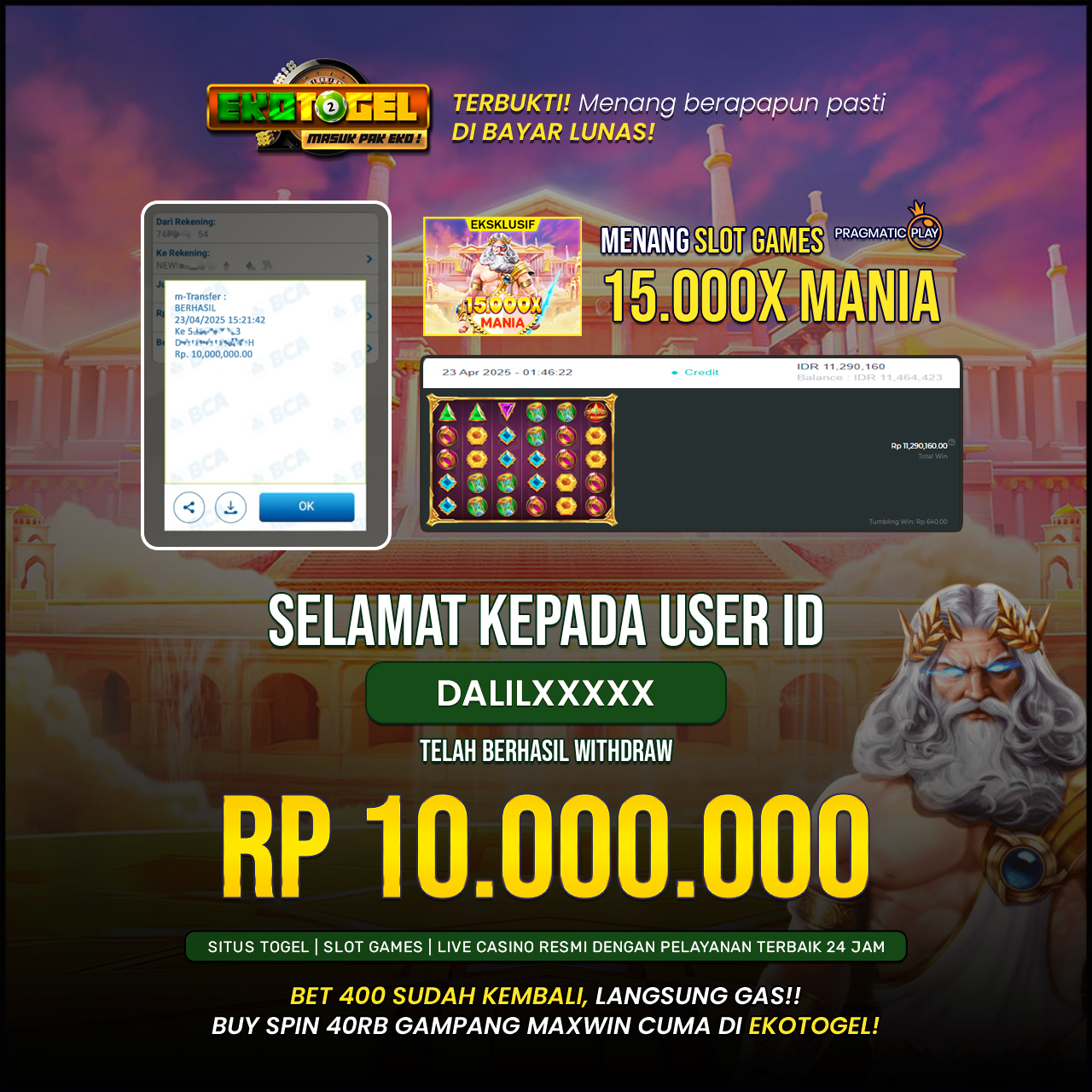BUKTI JACKPOT 15.000X MANIA ( PRAGMATIC ) EKOTOGEL