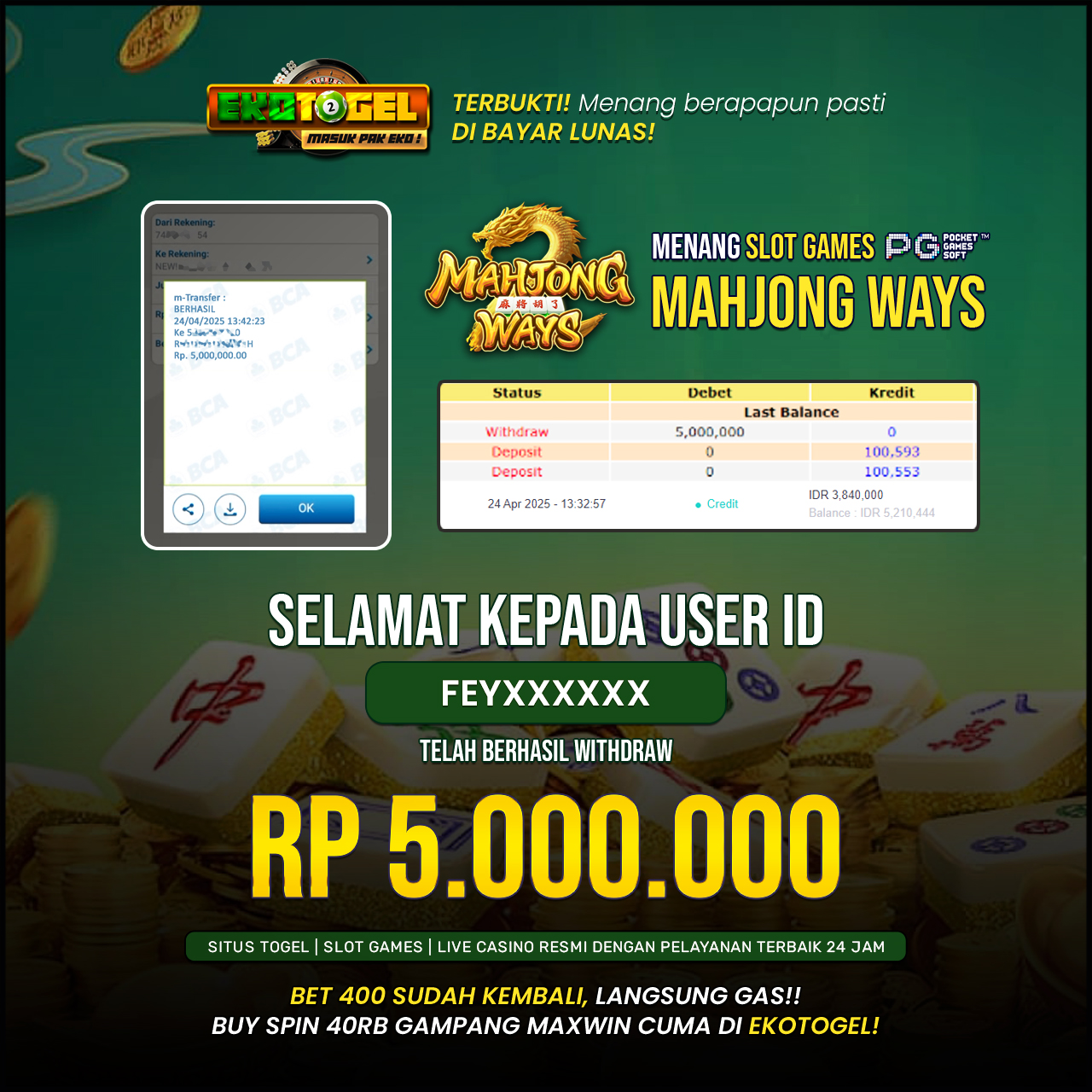 BUKTI JACKPOT MAHJONG WAYS ( PGSOFT ) EKOTOGEL