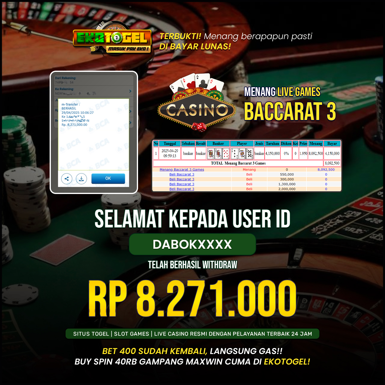BUKTI JACKPOT LIVEGAMES BACCARAT 3 EKOTOGEL