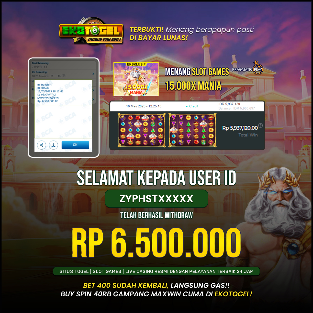 BUKTI JACKPOT 15.000X MANIA ( PRAGMATIC ) EKOTOGEL