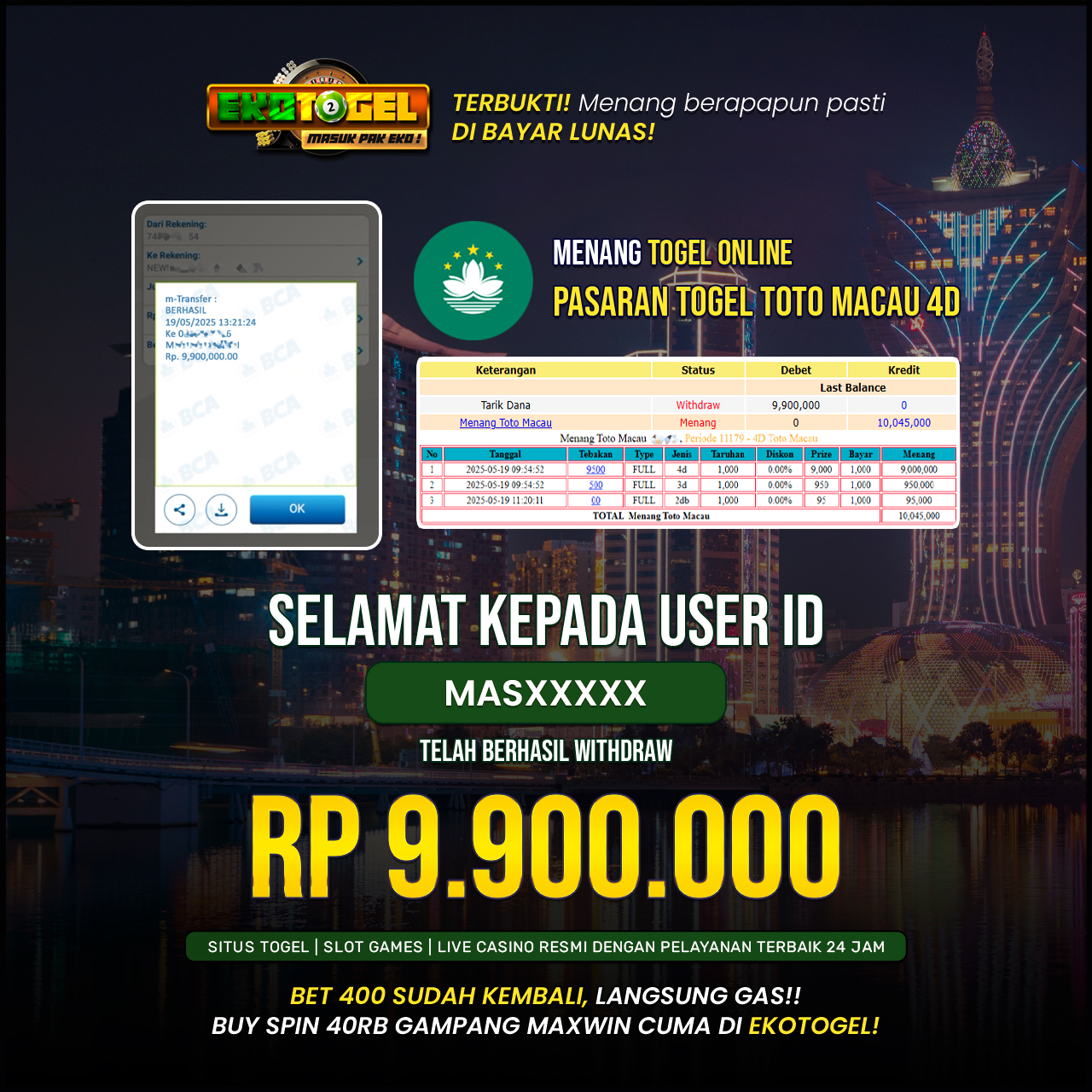 BUKTI JACKPOT TOTO MACAU 4D EKOTOGEL