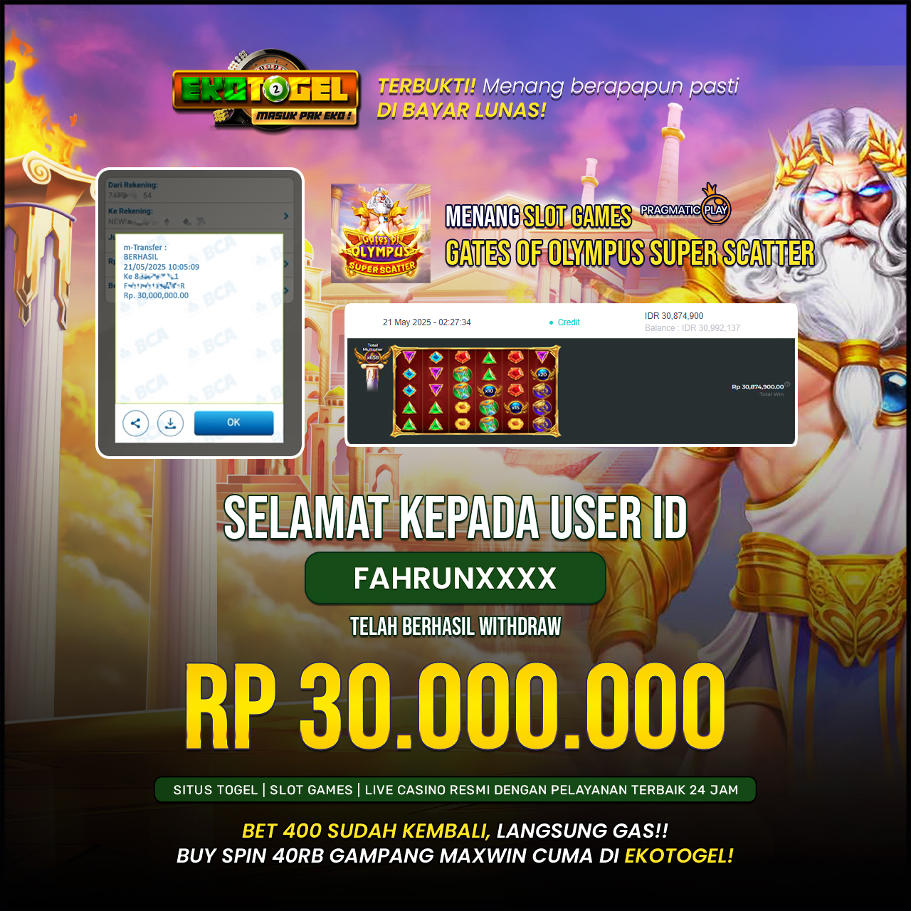 BUKTI JACKPOT GATES OF OLYMPUS SUPER SCATTER EKOTOGEL