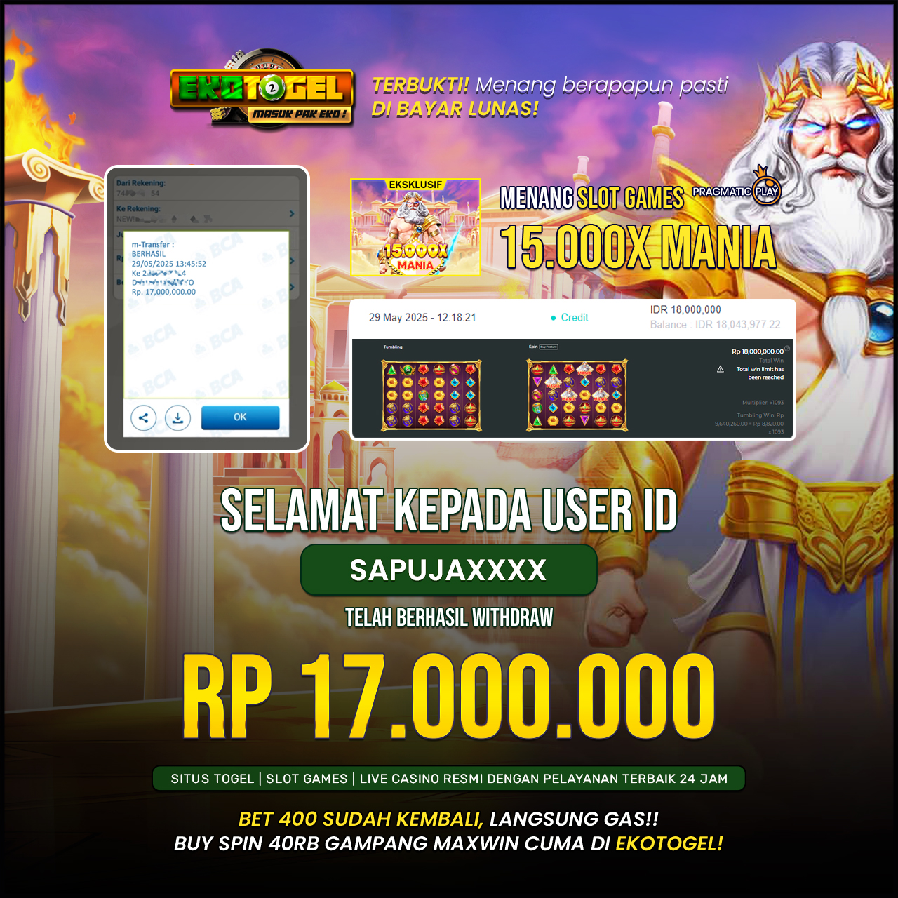 BUKTI JACKPOT 15.000X MANIA ( PRAGMATIC ) EKOTOGEL